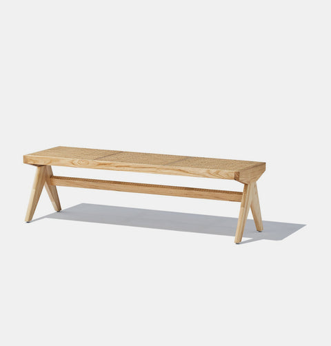 Solid natural ash wood bench with solid frame and woven natural rattan seat.