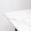 Dining table with Carrara marble top and black metal legs, marble detail.