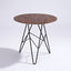 Side table with black metal hairpin legs and walnut veneer top.