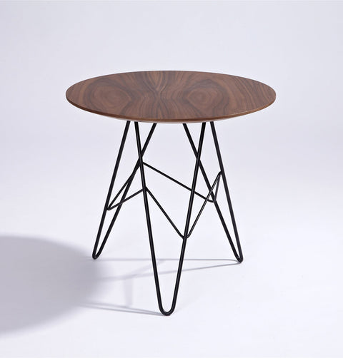 Side table with black metal hairpin legs and walnut veneer top.