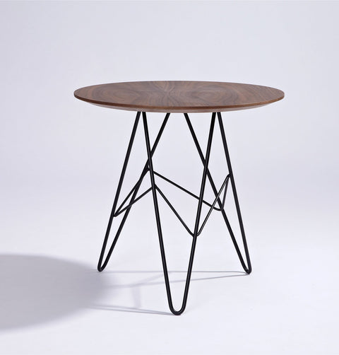 Side table with black metal hairpin legs and walnut veneer top.