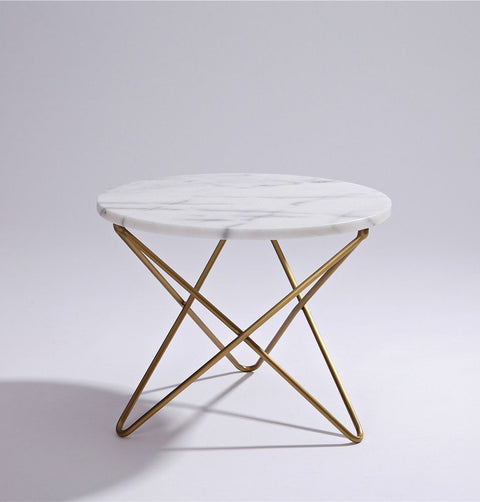 White marble top coffee / side table with intertwined hairpin legs in champagne gold chrome finish.