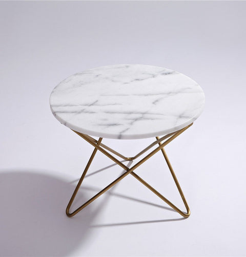 White marble top coffee / side table with intertwined hairpin legs in champagne gold chrome finish.