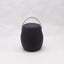 Portable dark grey cashmere pouf / stool with a brown synthetic leather strap handle.