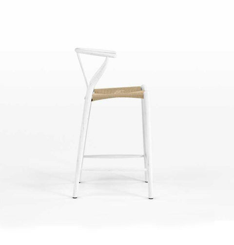 Hans Wegner inspired counter stool in white painted beech wood with natural cord woven seat.