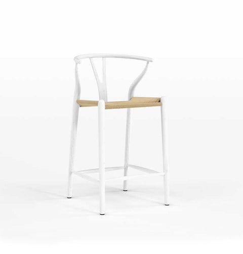 Hans Wegner inspired counter stool in white painted beech wood with natural cord woven seat.