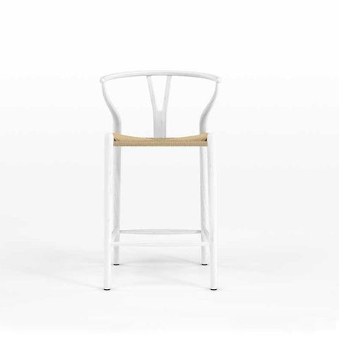 Hans Wegner inspired counter stool in white painted beech wood with natural cord woven seat.